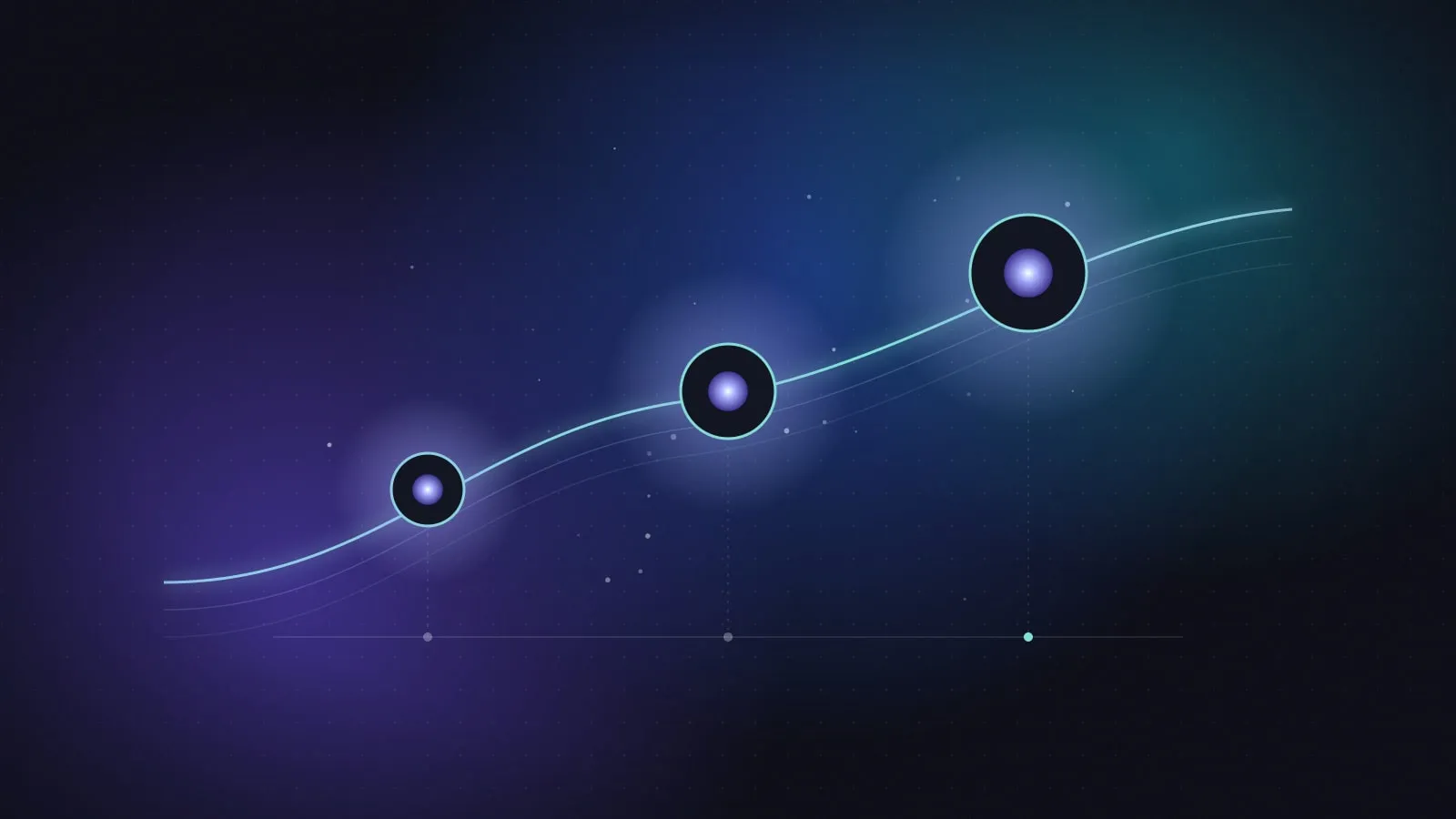 Illustration of three glowing model nodes rising along a wave, representing three new AI model releases